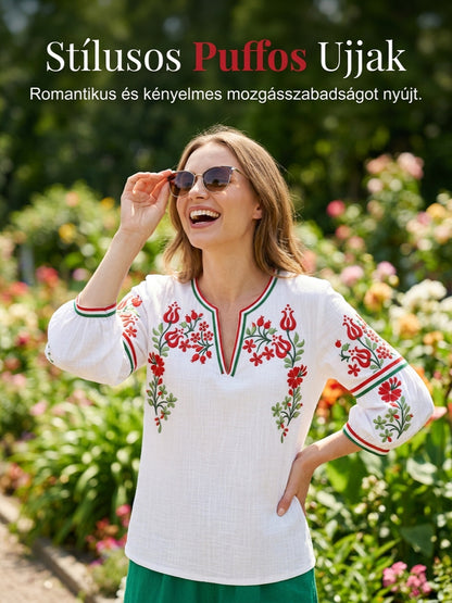 Női magyar virágnyomtatás fehér alkalmi pamut-vászon tetején