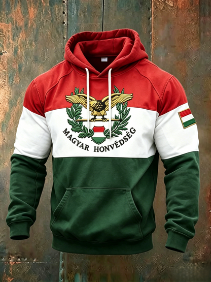 Férfi magyar zászlók patchwork print csepp-váll csuklyás pulóver