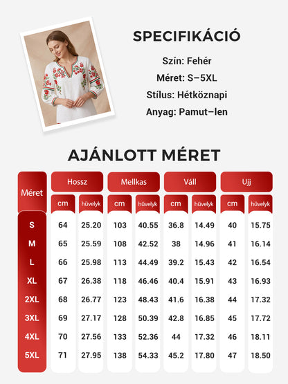 Női magyar virágnyomtatás fehér alkalmi pamut-vászon tetején