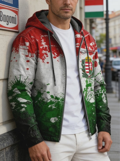 Retro absztrakt tinta-mosott magyar zászló fleece-bélelt csuklyás kabát