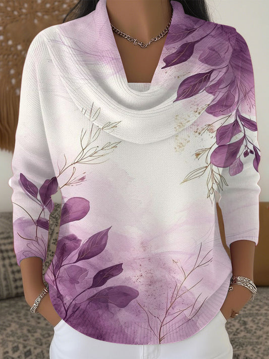 Дамски очарователен лилав лист печат капак врата пуловер