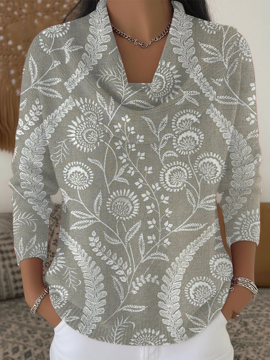 Жените класически сив флорални бродерия печат капак врата пуловер