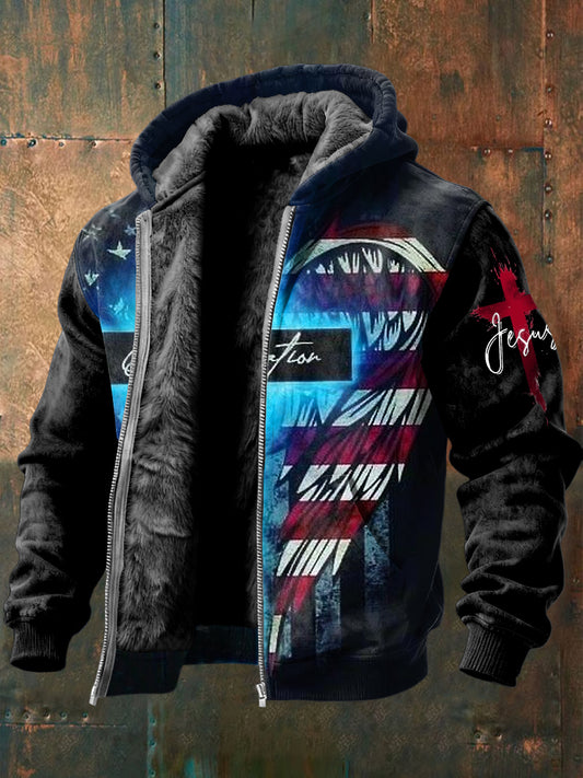 Ретро абстрактен флаг крила кръстосано руно облицовани с качулка яке