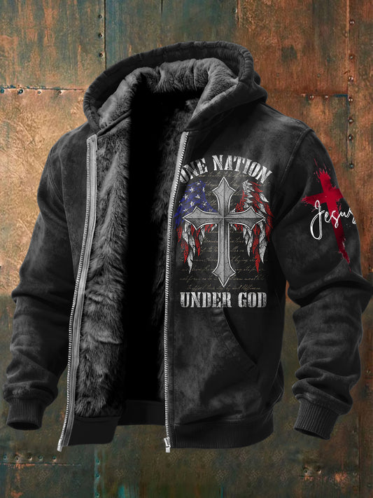 Ретро крилат кръст случайни руно-облицована яке с качулка