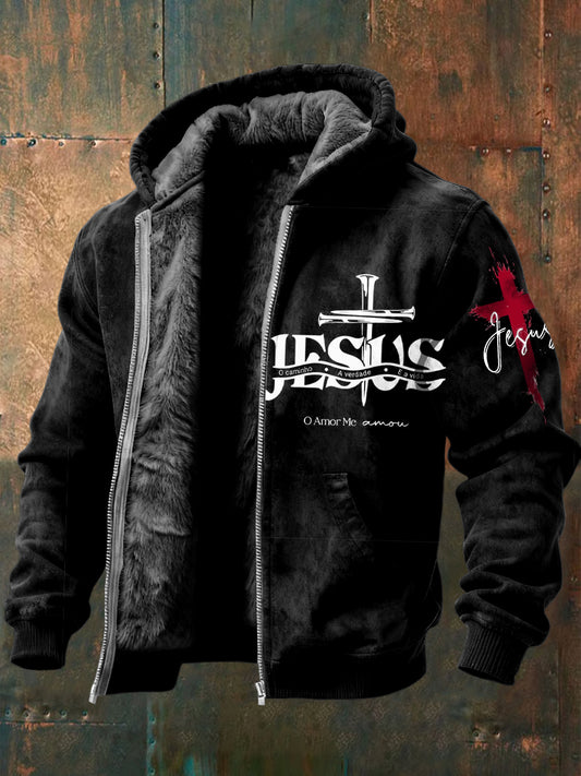 Ретро исус кръст случайни руно облицована яке с качулка