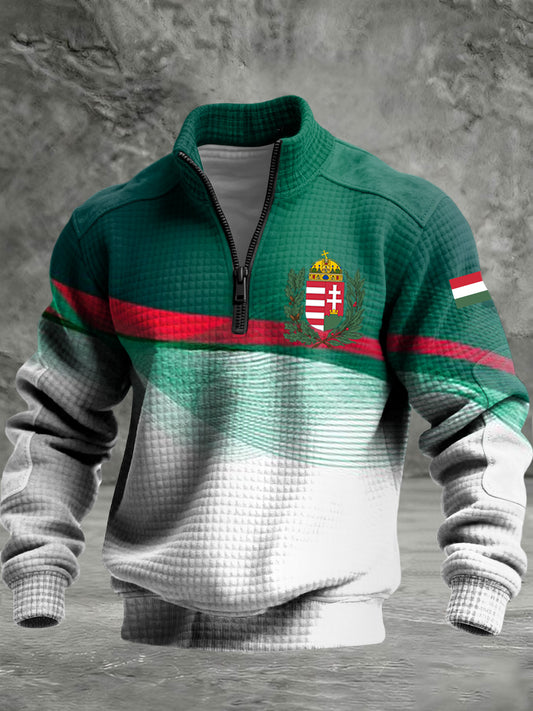 Retro absztrakt csíkok magyar zászló cipzáras waffle kötött pulóver