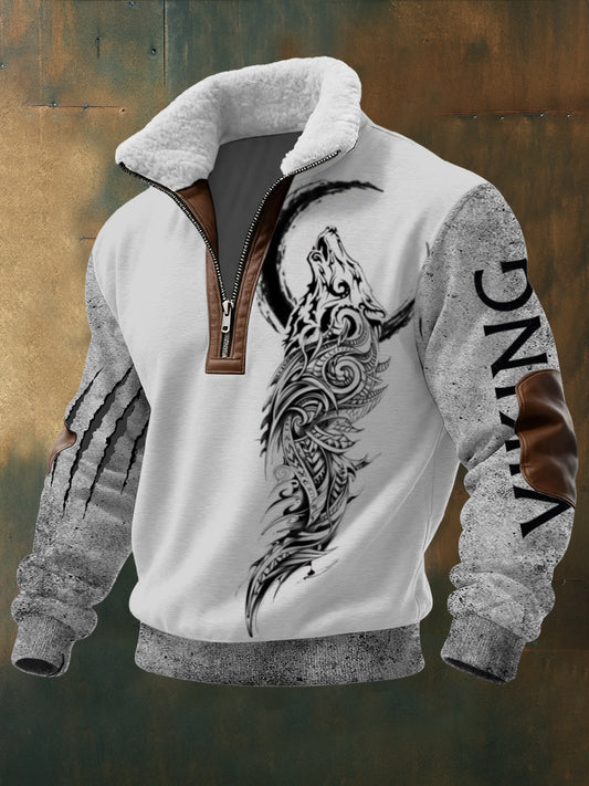 Férfi bonyolult törzsi wolf & viking nyomtatás sherpa nyakörv pulóver hoodie