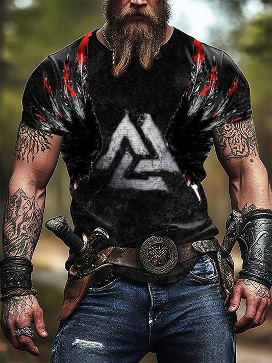 Férfi bonyolult valknut & toll print viking póló