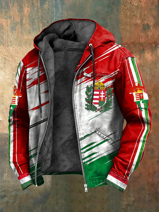 Retro magyar zászló absztrakt csíkok fleece-bélelt csuklyás kabát