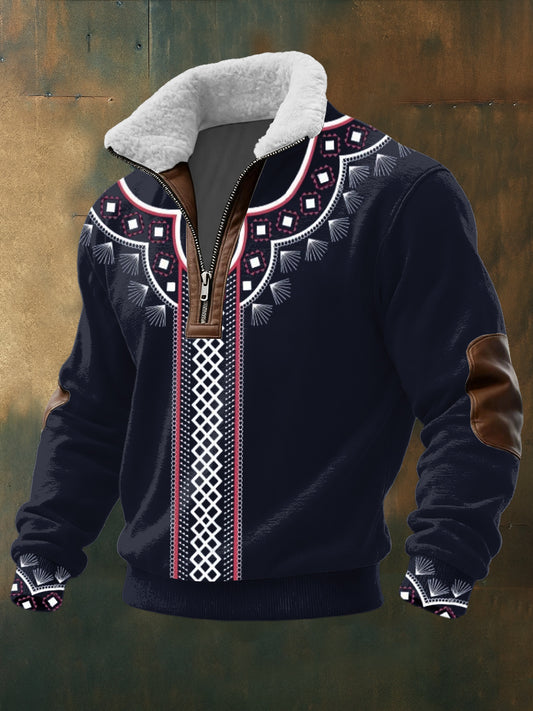 Férfi bonyolult északi minta sherpa-nyakörv pulóver