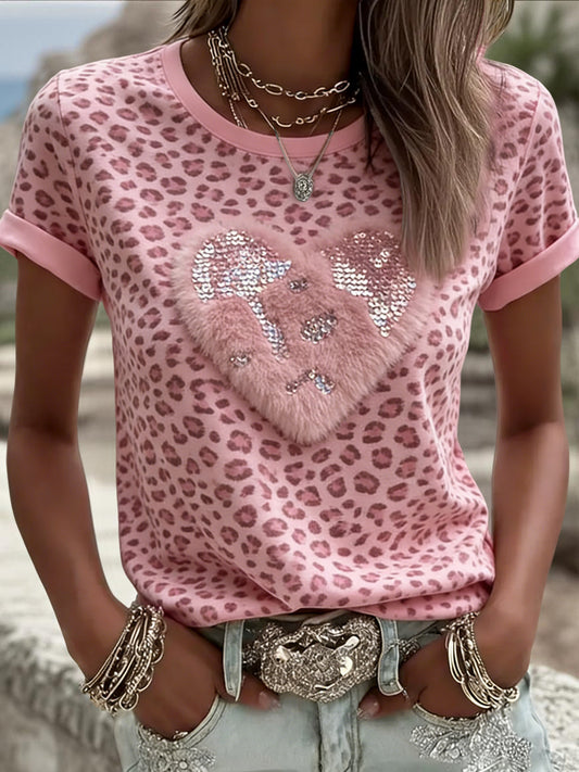 Női vintage rózsaszín leopárd nyomtatás szív alkalmi póló