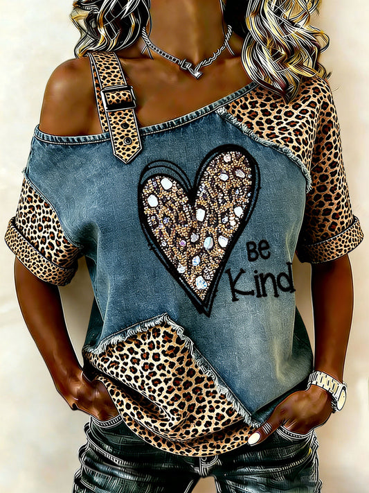 Női vintage leopard nyomtatás szív patchwork off-shoulder alkalmi póló