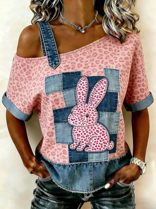 Női vintage leopard nyomtatás nyúl patchwork off-shoulder alkalmi póló