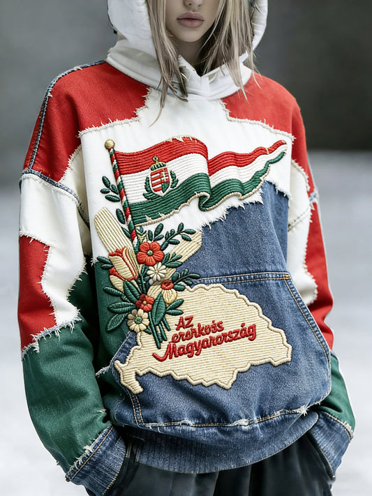 Női magyar zászló denim patchwork nyomtatás alkalmi csuklyás pulóver
