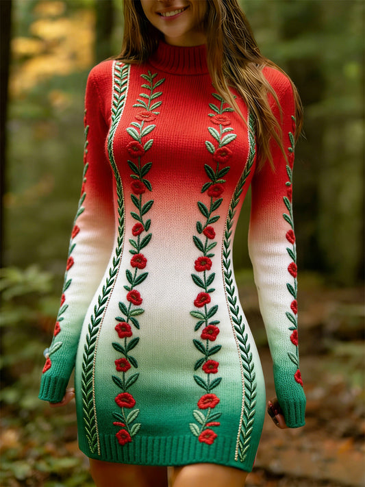 Női retro gradient virágos nyomtatás ruha