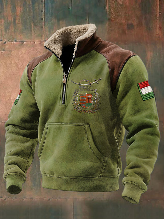 Férfi magyar metal-print khaki patchwork alkalmi stand-up nyakörv pulóver