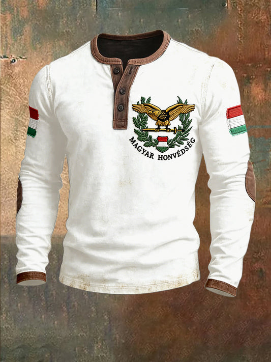 Férfi fehér magyar sas nyomtatás patchwork henley nyak pulóver