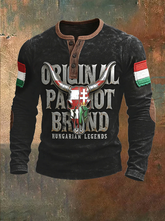 Férfi fekete magyar nyomtatott patchwork henley nyak pulóver