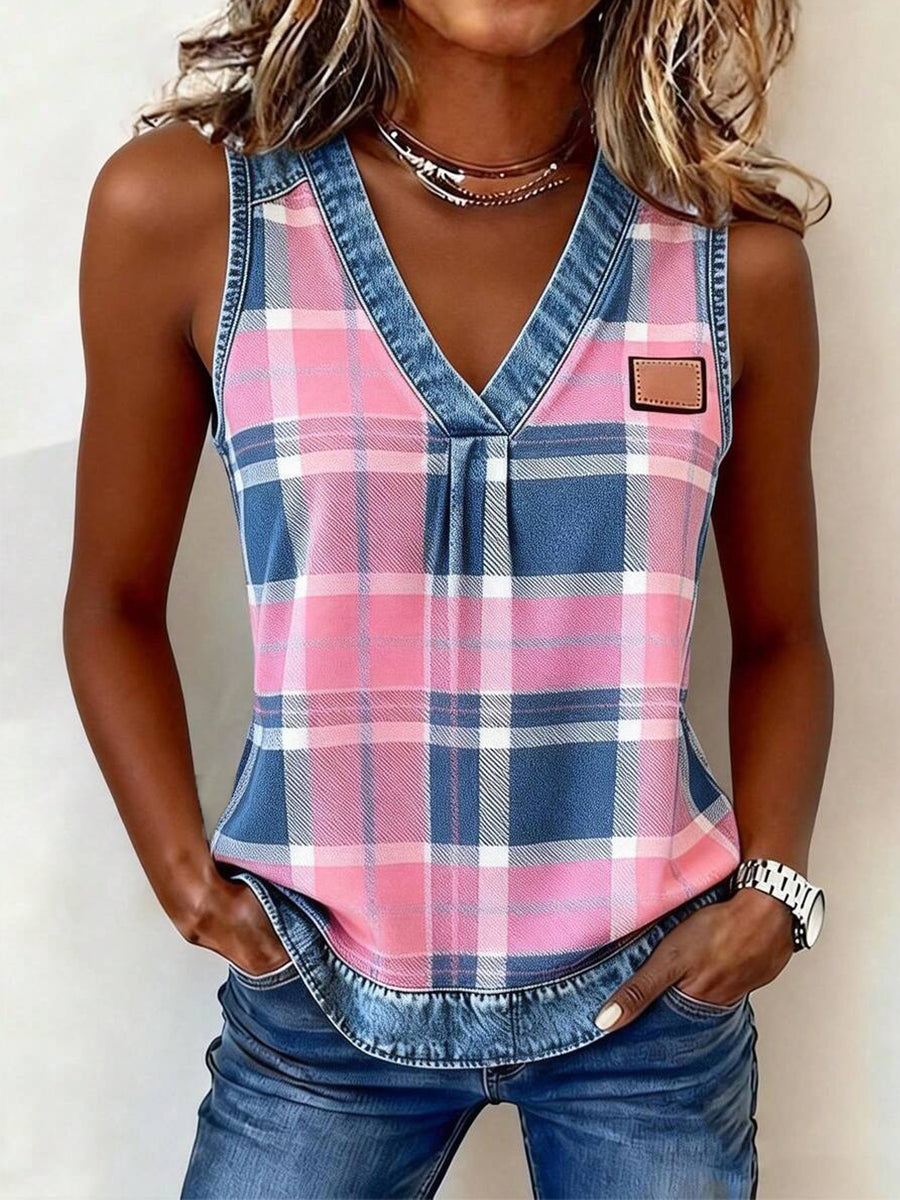 Női kockás minta farmer patchwork top