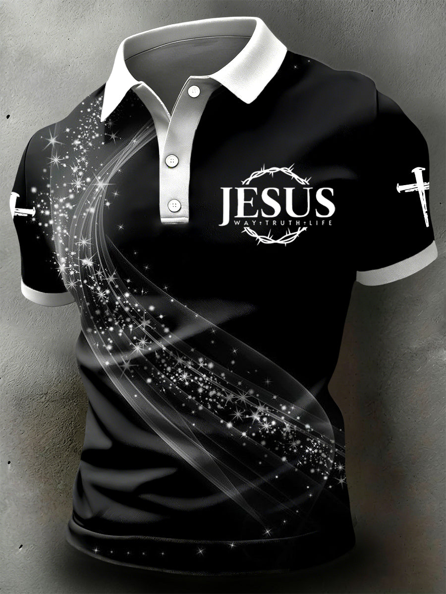 Retro jesus-themed gradient-print alkalmi pólóing