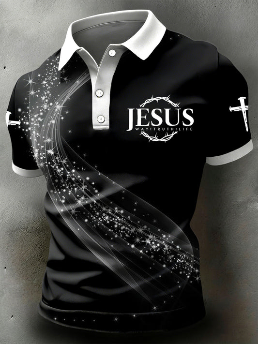 Retro jesus-themed gradient-print alkalmi pólóing