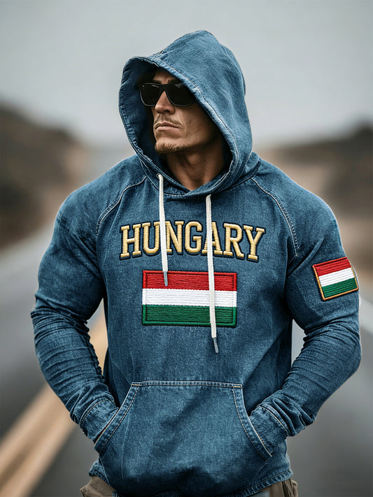 Férfi magyar zászló-nyomtatás farmer stílusú raglan-hüvely kapucnis pulóver