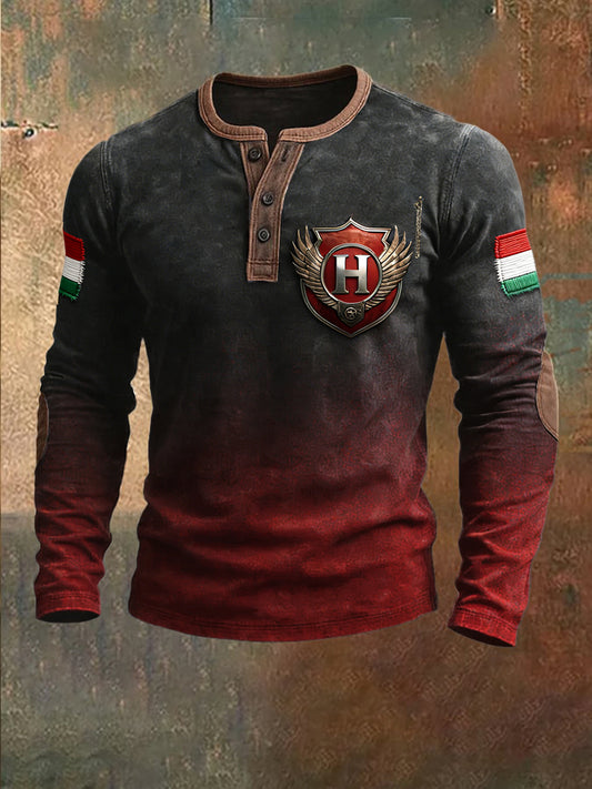 Férfi magyar kezdeti „ h ”design gradient print patchwork henley nyak pulóver