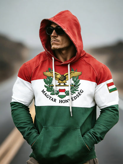 Férfi magyar zászlók patchwork print csepp-váll csuklyás pulóver