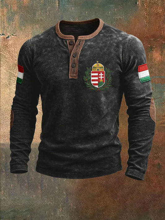 Férfi fekete magyar motívumos patchwork Henley nyakú pulóver