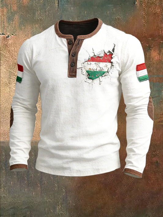 Férfi magyar nemzeti zászló graffiti nyomtatás patchwork henley nyak pulóver
