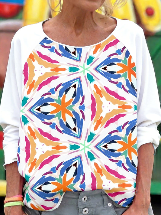 Női színes kaleidoszkóp patchwork nyomtatás alkalmi divat hosszú ujjú póló