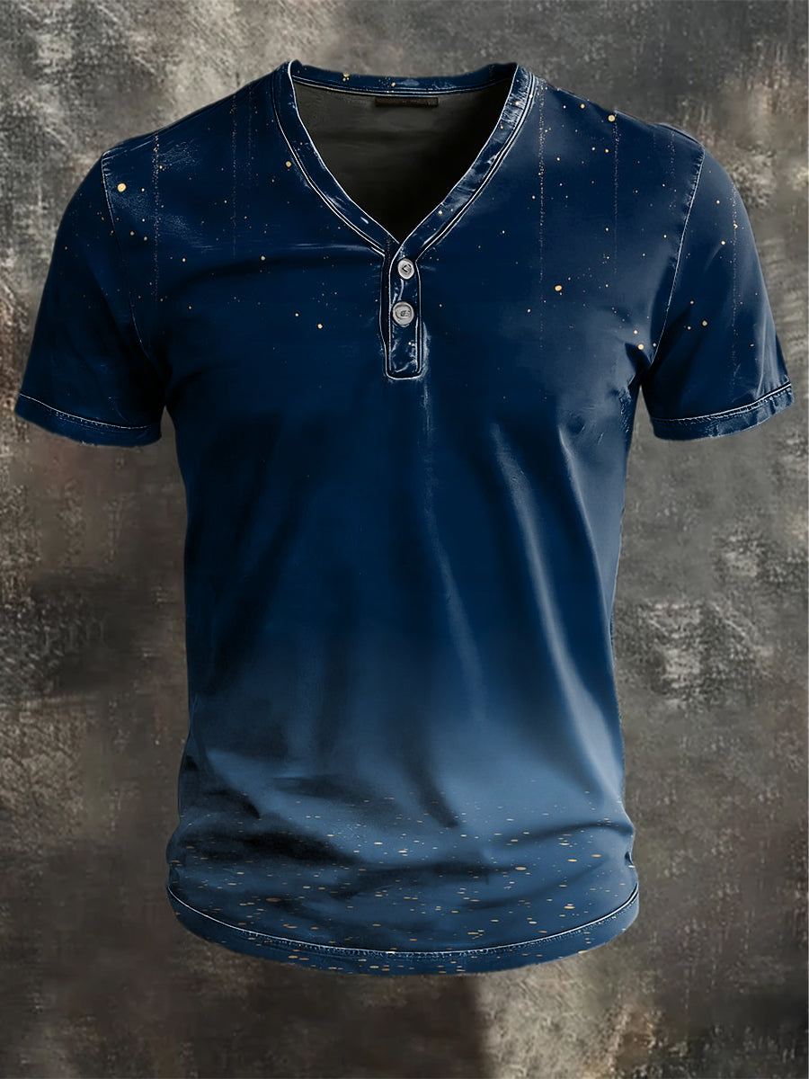 Gradient glitter print alkalmi rövid ujjú henley ing