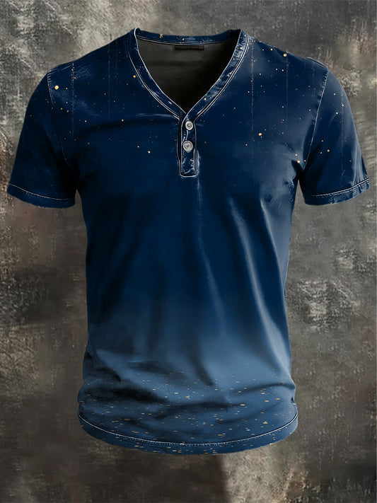 Gradient glitter print alkalmi rövid ujjú henley ing