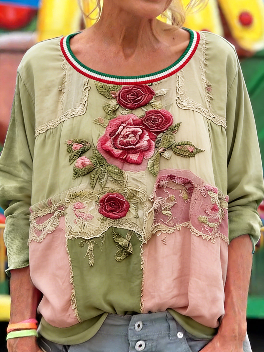 Női magyar vintage virágos patchwork nyomtatás alkalmi hosszú ujjú póló