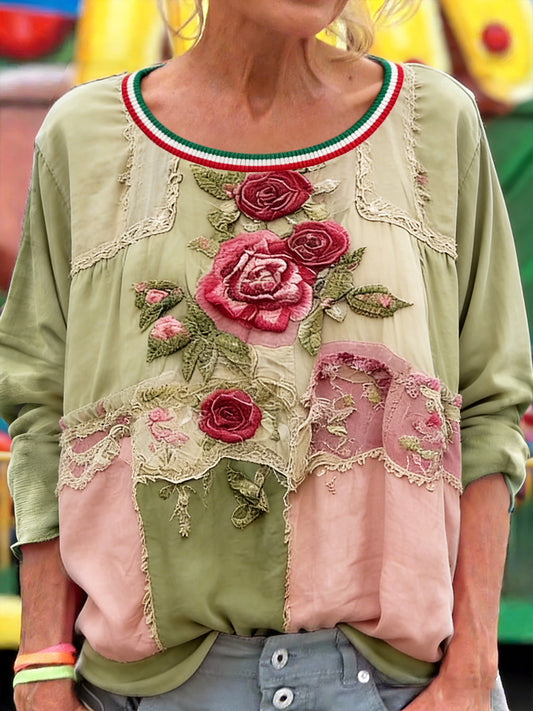 Női magyar vintage virágos patchwork nyomtatás alkalmi hosszú ujjú póló