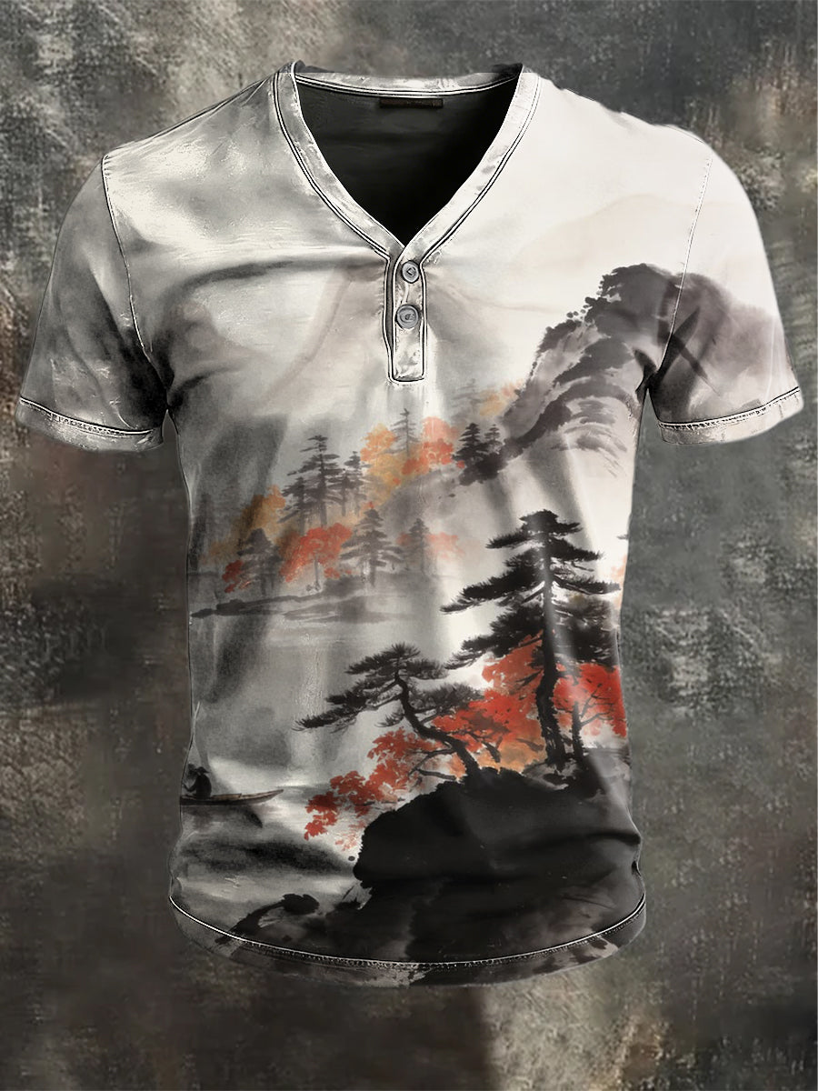 Tinta mosás tájkép nyomtatás alkalmi rövid ujjú henley ing