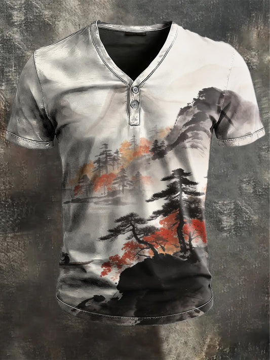 Tinta mosás tájkép nyomtatás alkalmi rövid ujjú henley ing