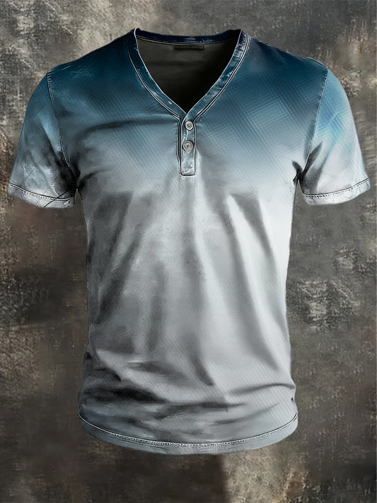 Gradient blur grafikus nyomtatás alkalmi rövid ujjú henley ing