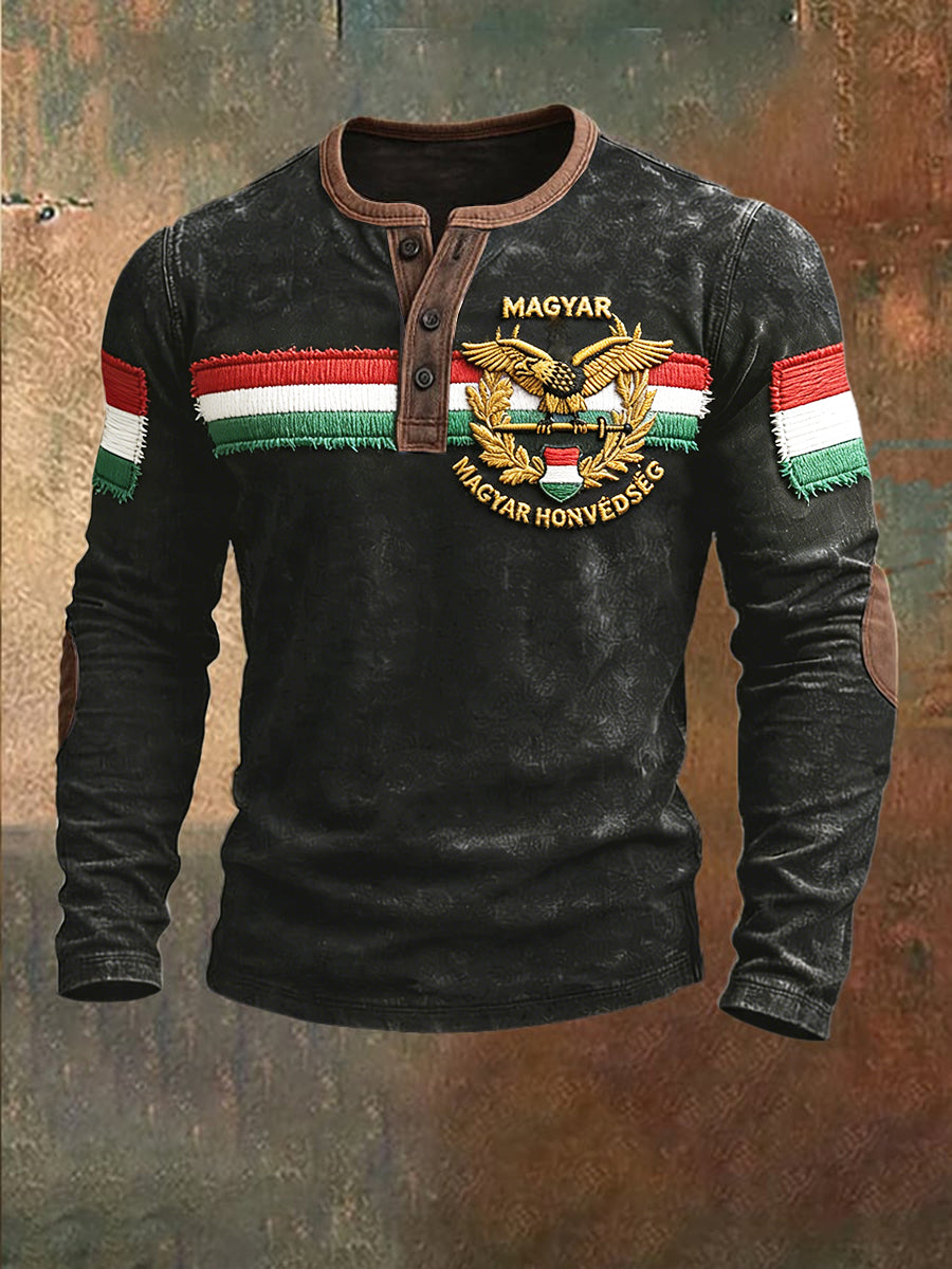 Férfi magyar zászló 3d patchwork nyomtatás alkalmi henley nyak pulóver
