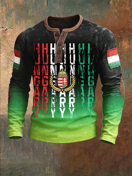 Férfi magyar zászló patchwork gradient nyomtatás alkalmi henley nyak pulóver