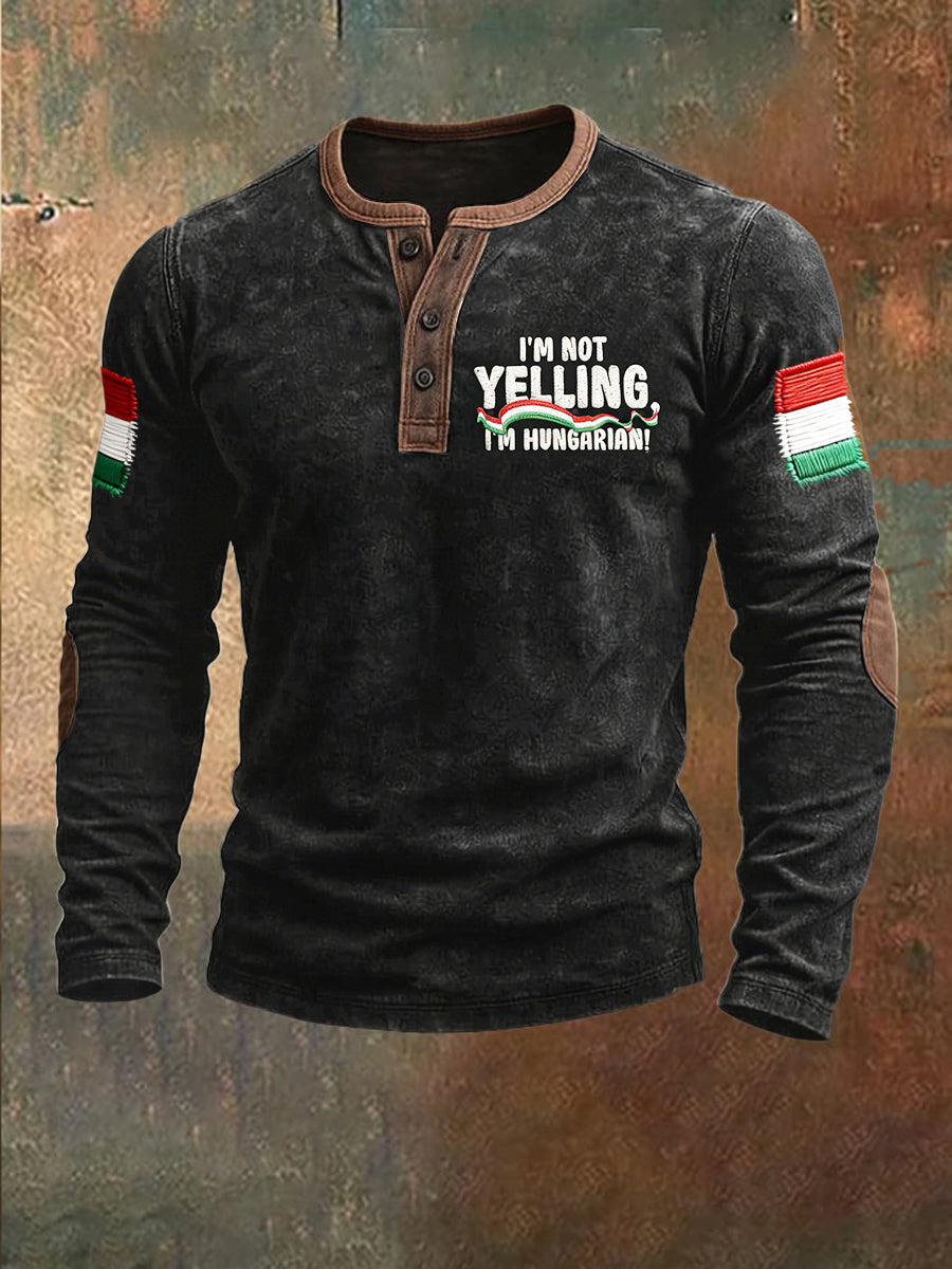 Férfi magyar zászló vintage fekete nyomtatás alkalmi henley nyak pulóver