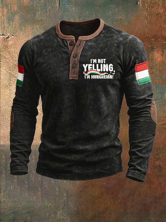 Férfi magyar zászló vintage fekete nyomtatás alkalmi henley nyak pulóver