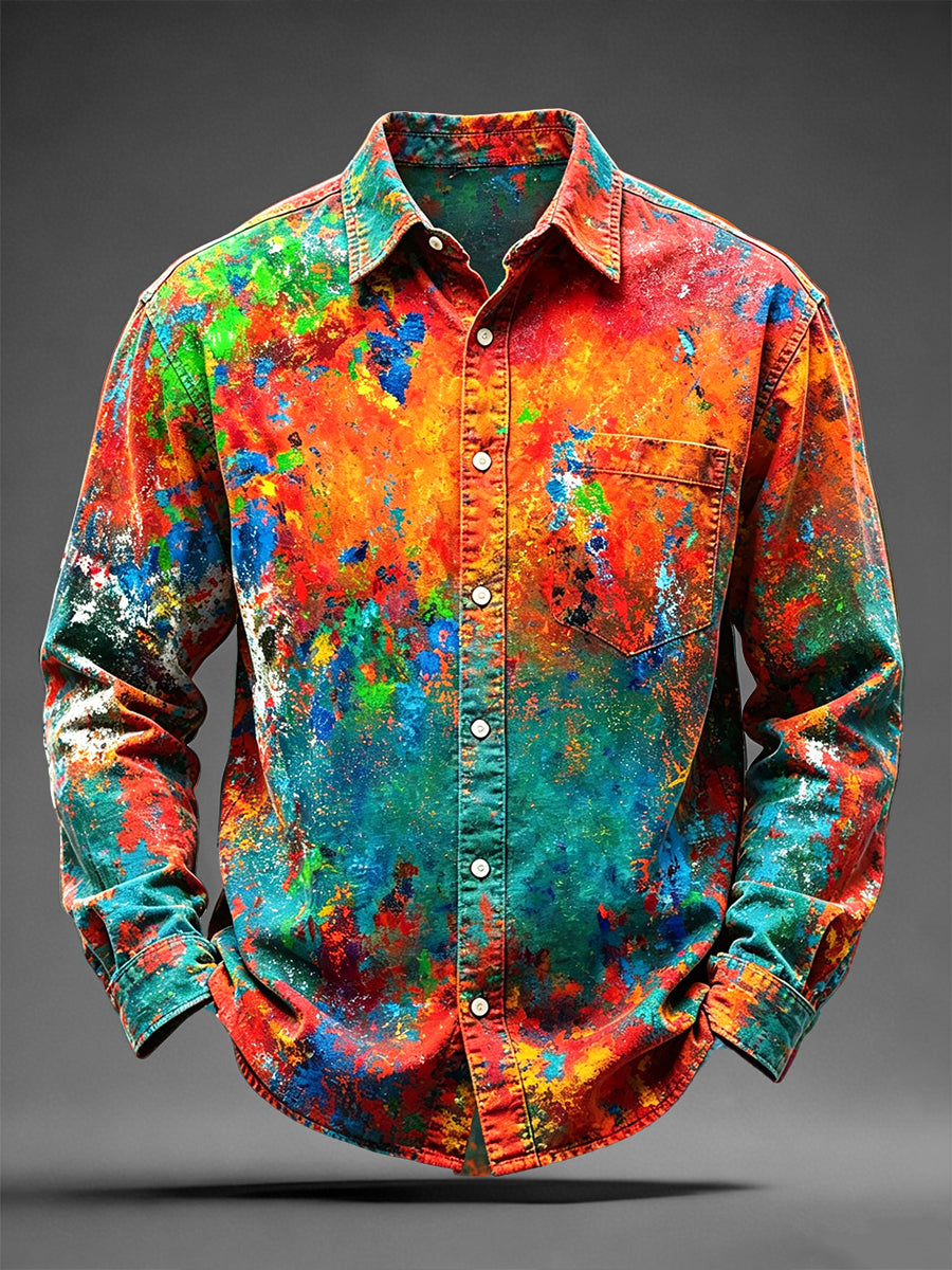 Férfi olaj-festék graffiti nyomtatás alkalmi hosszú ujjú ing
