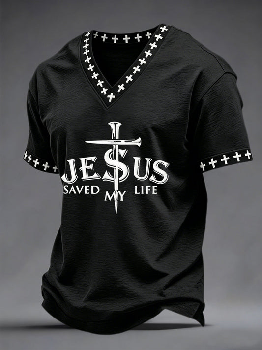 Férfi jézus megmentette az életem nyomtatás v-neck tee