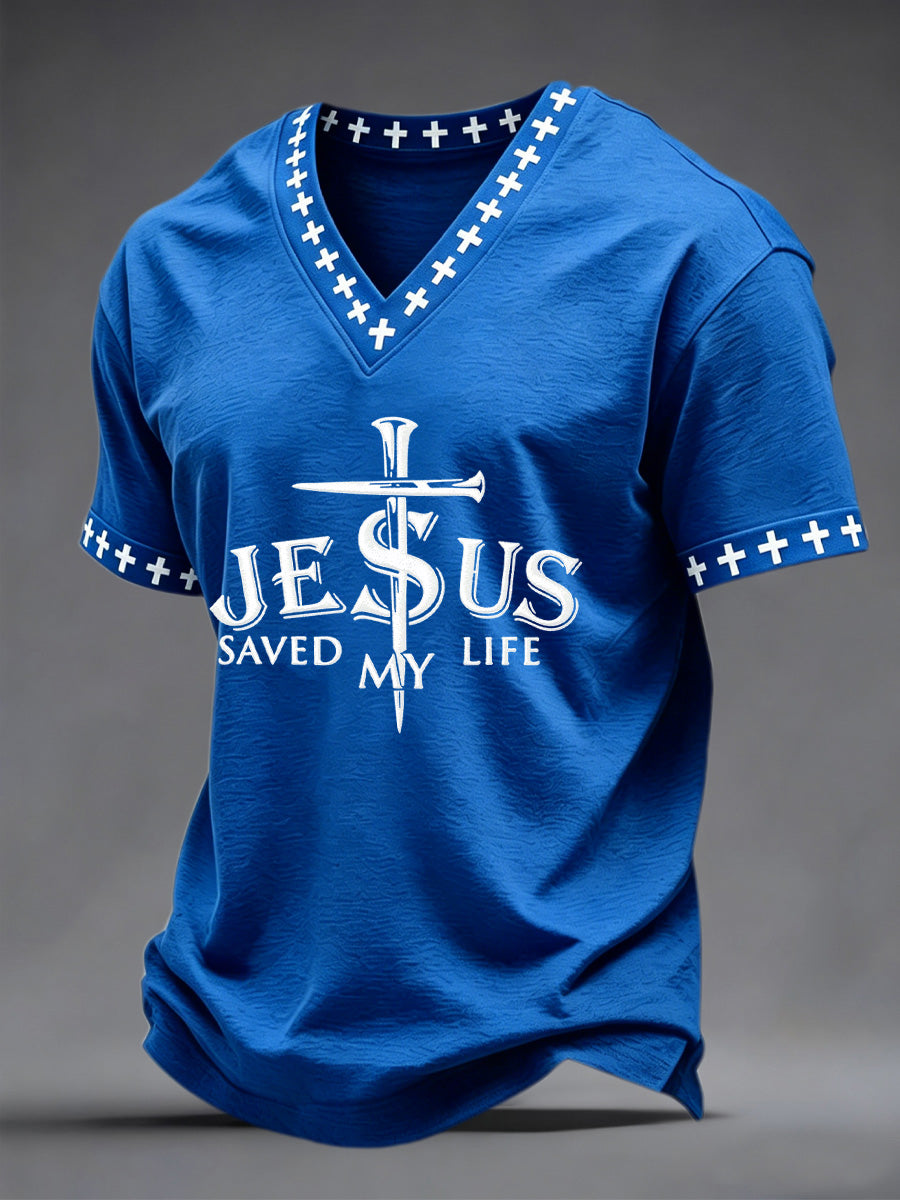 Férfi jézus megmentette az életem nyomtatás v-neck tee