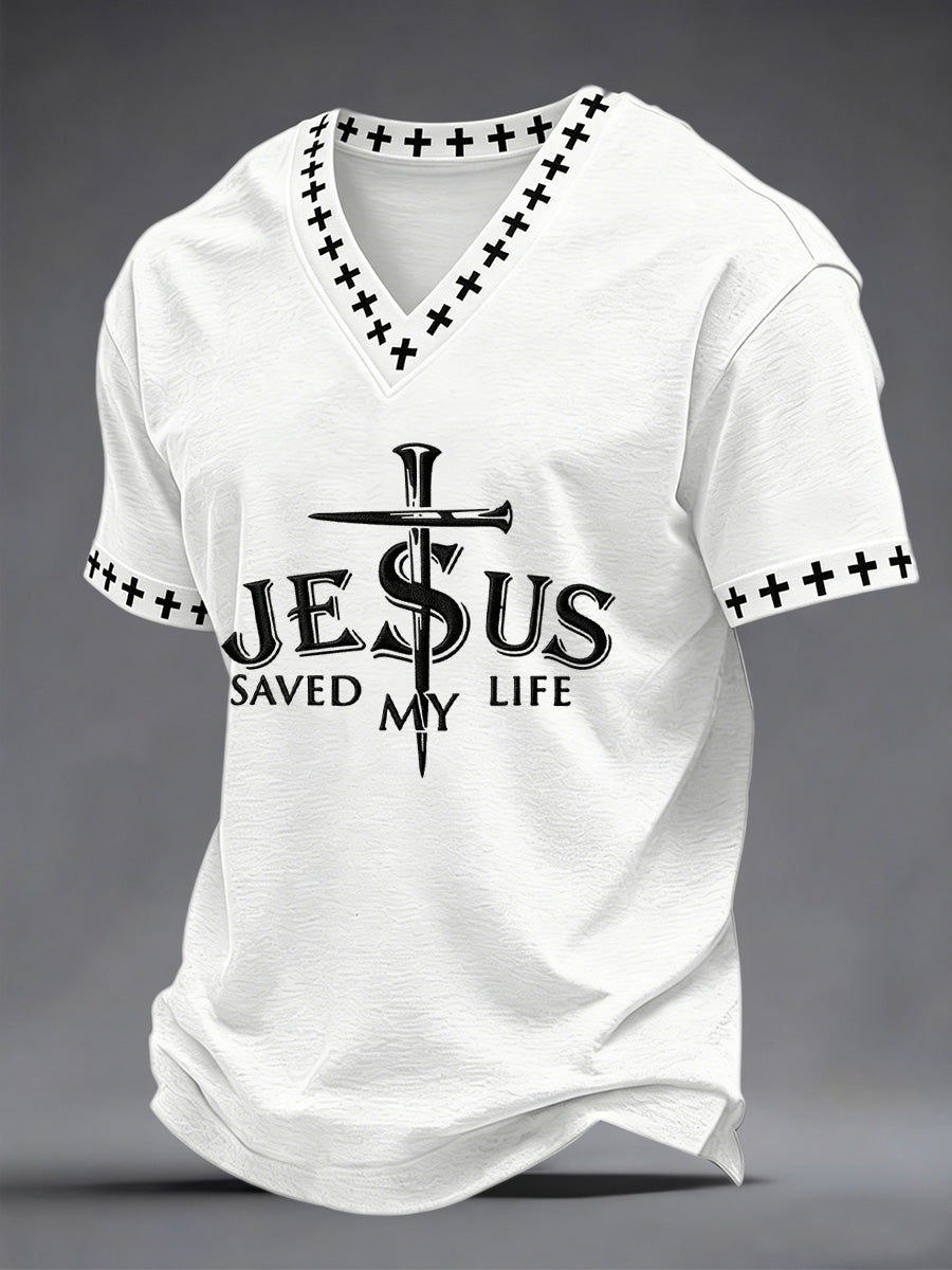 Férfi jézus megmentette az életem nyomtatás v-neck tee