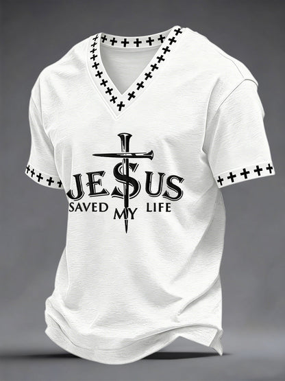 Férfi jézus megmentette az életem nyomtatás v-neck tee