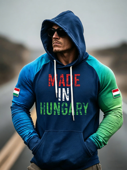 Férfi kék made in hungary nyomtatott alkalmi csepp-váll csuklyás pulóver