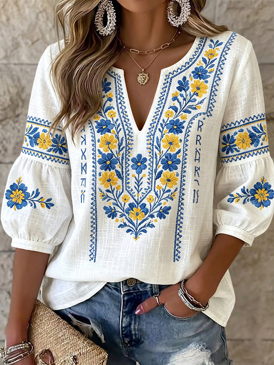 Női retro művészeti svéd midsummer virágos v-nyak felső