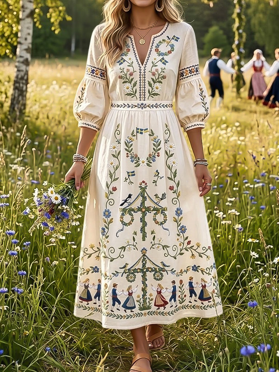Női vintage svéd midsummer oszlop-stílusú virágos művészeti ruha